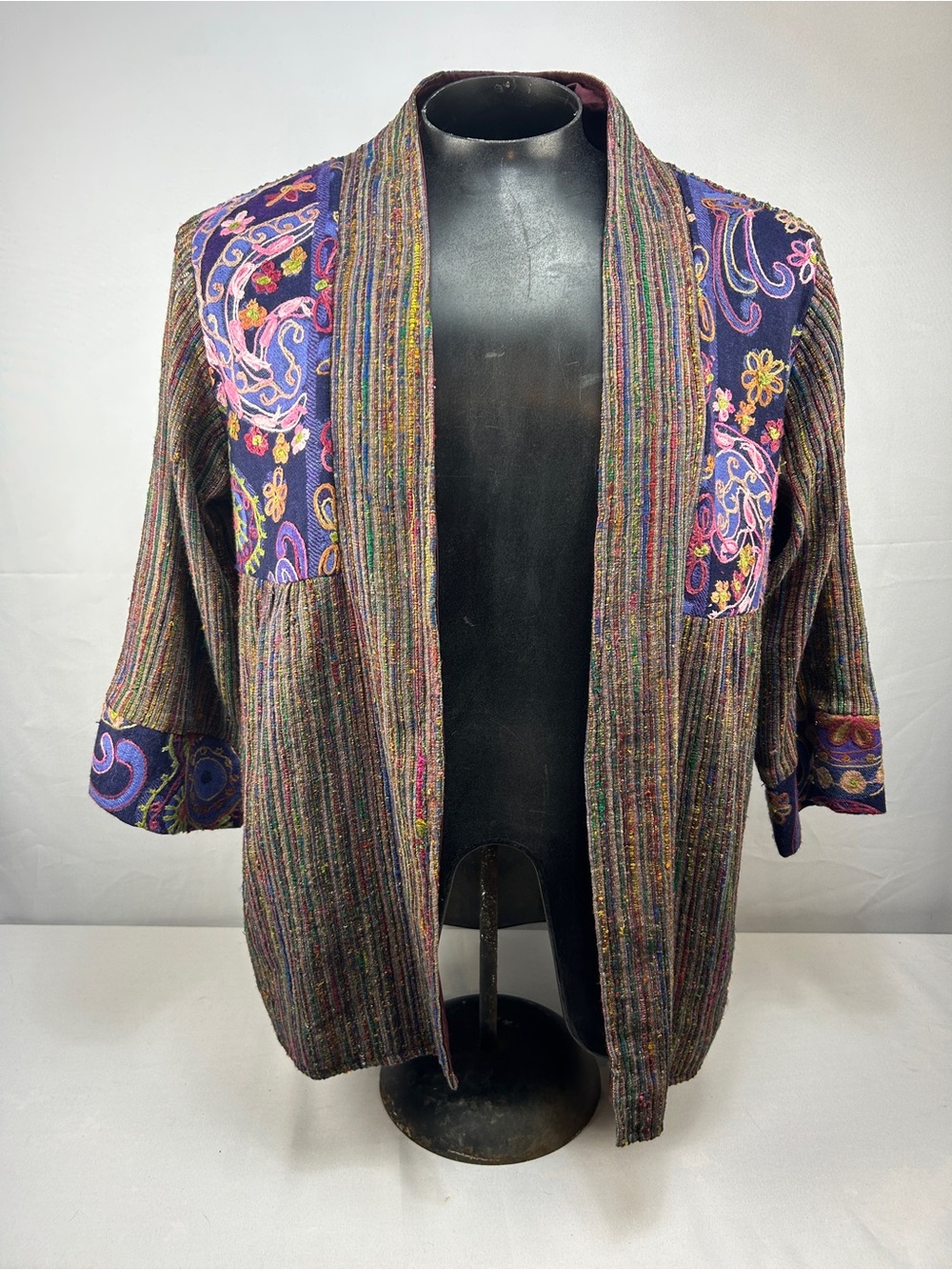 Open-Front Multicolor Ribbed Sweater Jacket with Purple Embroidered Accents